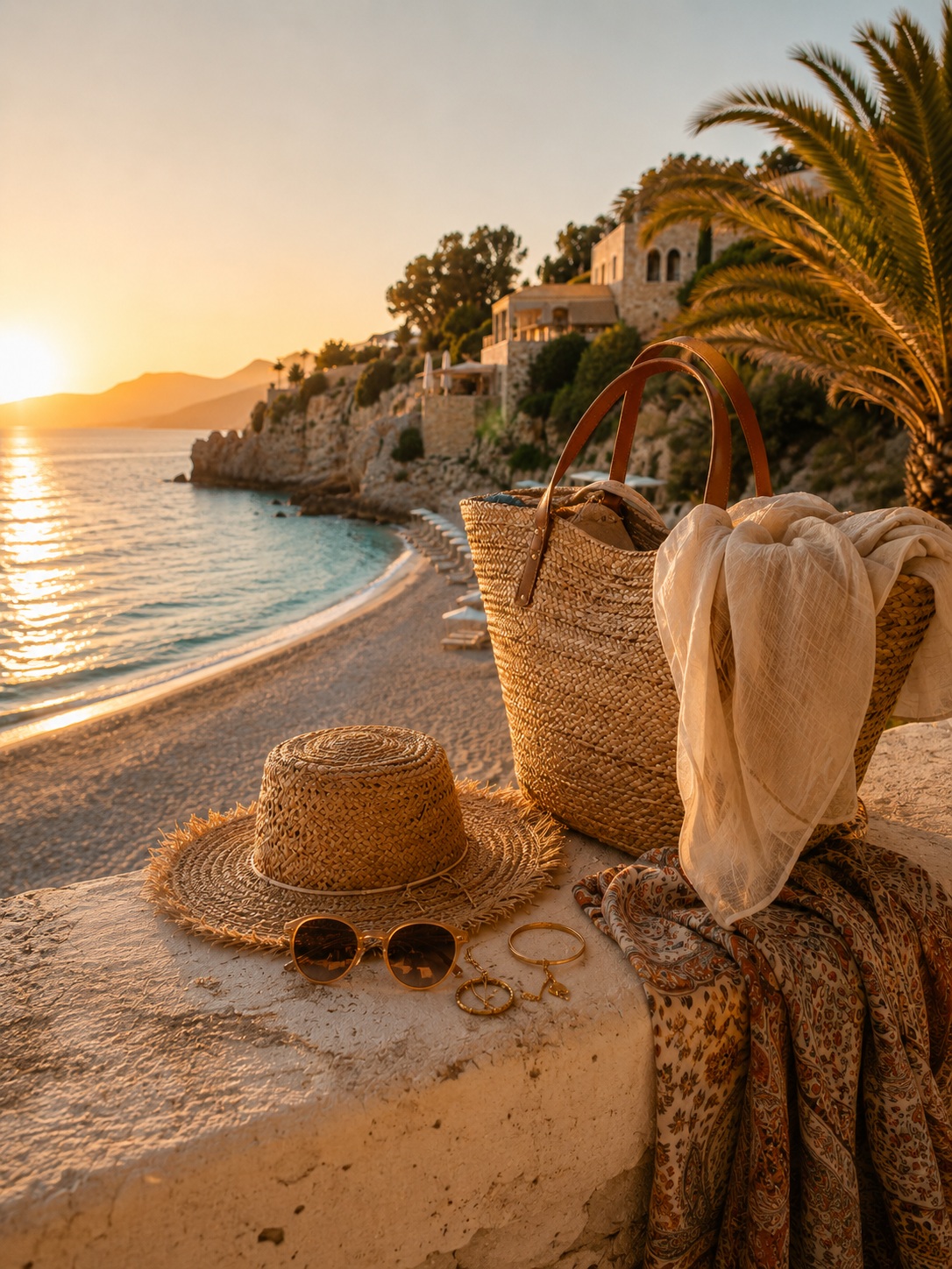 Panier en paille, chapeau de paille, lunettes de soleil et foulard sur une terrasse méditerranéenne au coucher du soleil