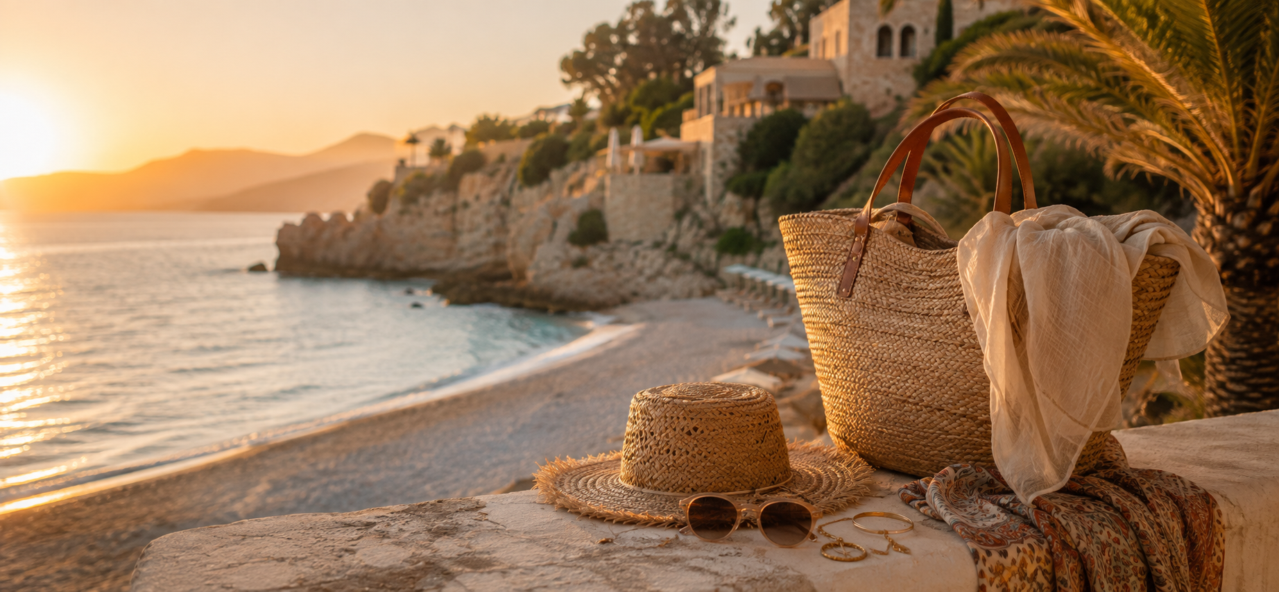 Coucher de soleil méditerranéen — panier en paille, chapeau et foulard au bord de la mer