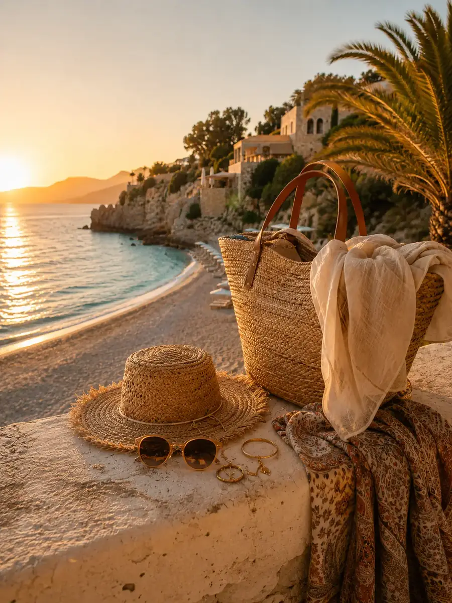 Panier en paille, chapeau de paille, lunettes de soleil et foulard sur une terrasse méditerranéenne au coucher du soleil