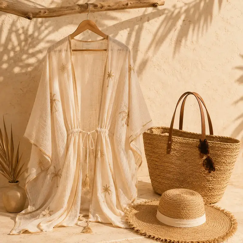 Kimono brodé, panier en paille et chapeau au soleil
