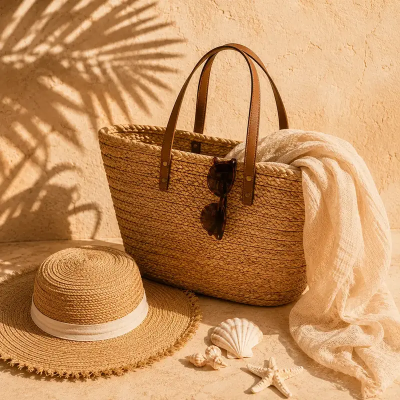 Panier en paille, chapeau et coquillages en lumière dorée