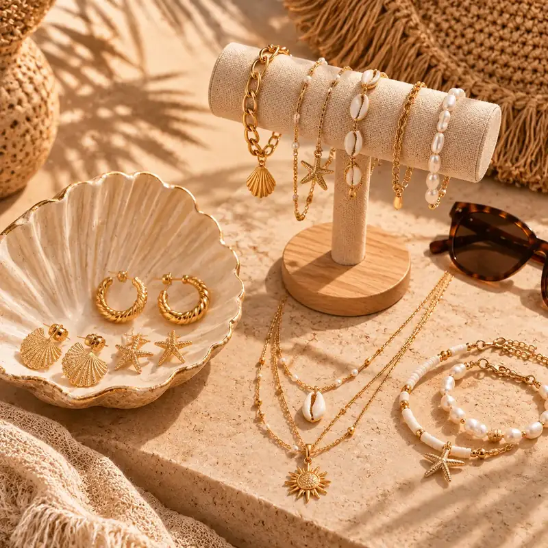 Bijoux dorés, colliers coquillage et boucles d'oreilles