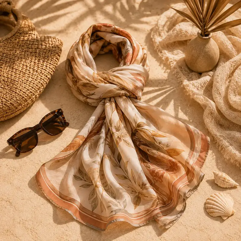 Foulard imprimé fleuri et lunettes de soleil sur le sable