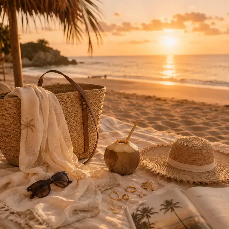 Panier, chapeau et coco sur la plage au coucher du soleil