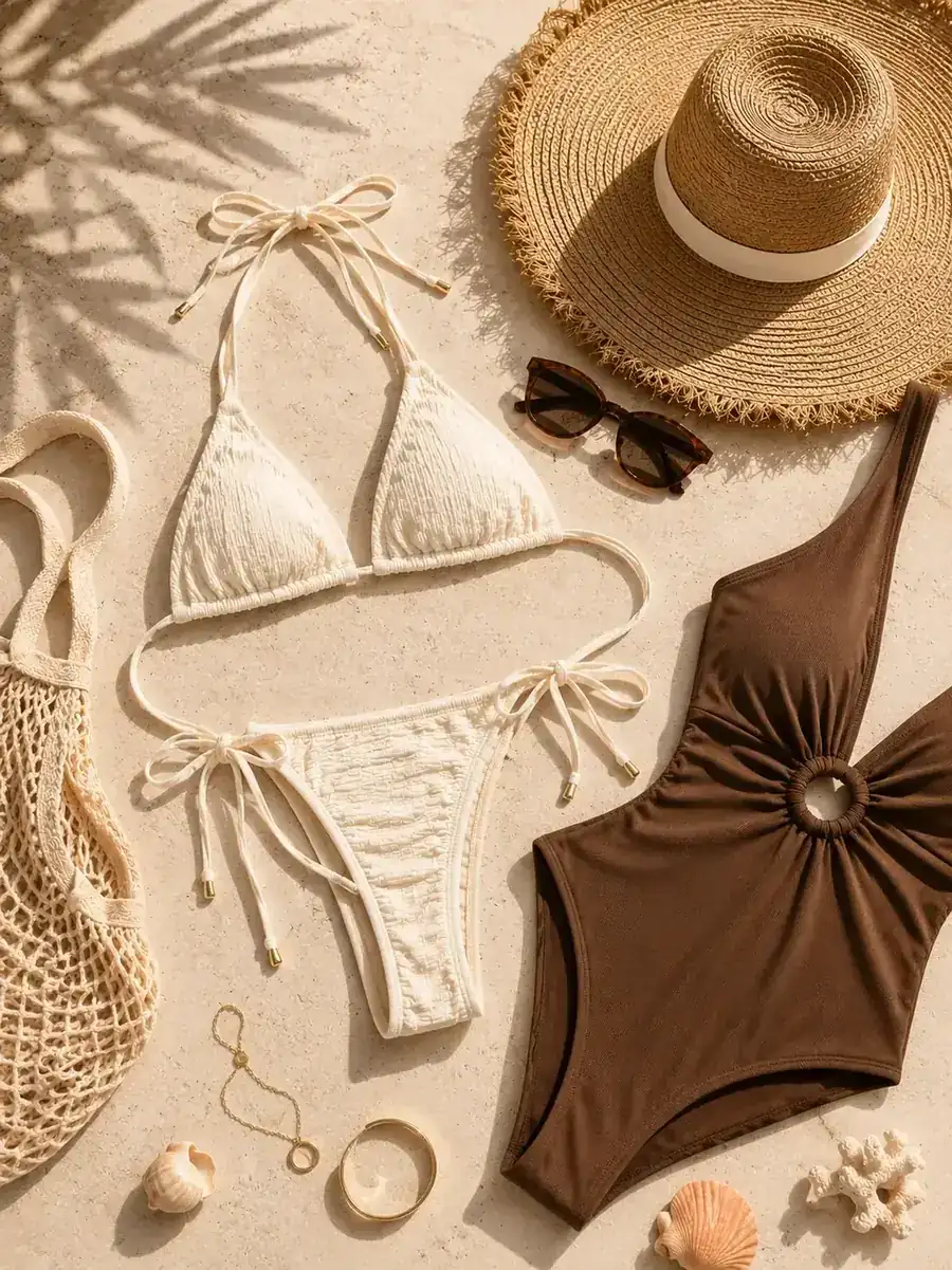 Look complet Sunset — maillots, chapeau de paille et accessoires dorés